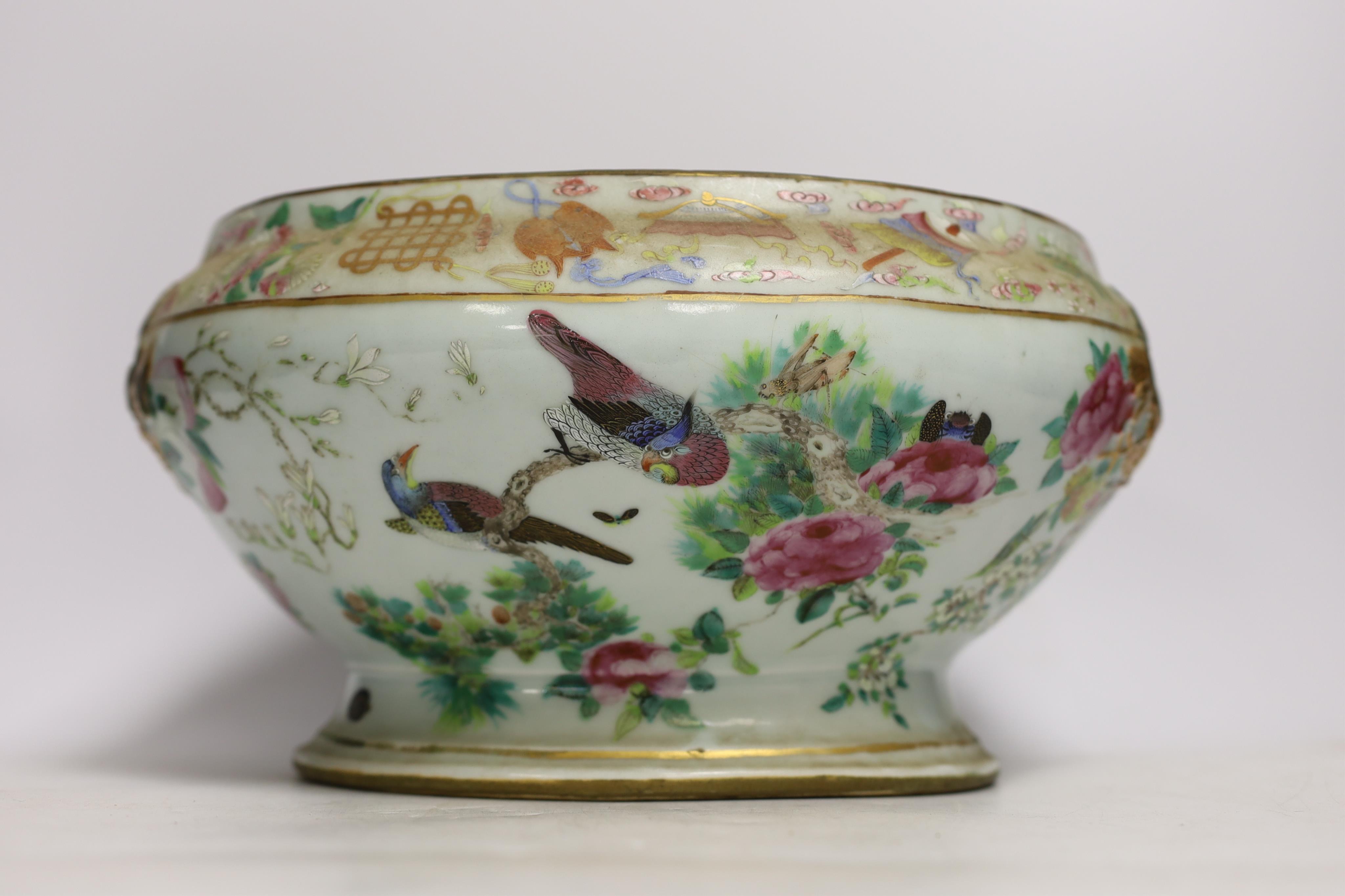 A 19th century Chinese famille rose tureen (lacking cover), a bronze mirror, a brush pot, a crackle glazed teabowl and a pair of Japanese yellow glazed satsuma jars and covers, tallest 18cm (6)